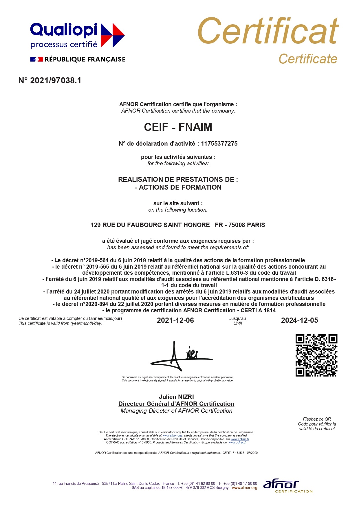 Certificat Afnor 2021-2024